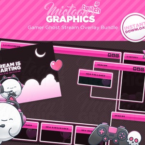 Twitch Gamer Ghost Stream Overlay / Kawaii / Cute / Streamer Graphics / Aesthetic / Neon / Pink