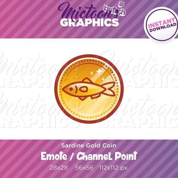 Twitch Gold Sardine Coin Emote / Channel Point / Streamer Graphics / Discord / Gamer / Fish / Kawaii