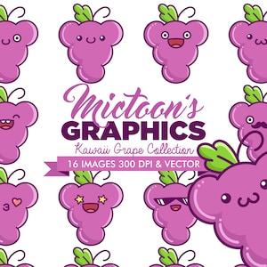 Kawaii Purple Grape Fruit Clipart - Uva Bonita PNG - Vector EPS Grape Fruit Ilustraciones Digitales - Grape Cartoon Clip Art Instant descargar