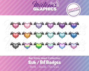 Twitch Bat Wing Herz Sub Badges / Cheer Bit Badges / Streamer Grafiken / Discord / Gamer / Fledermaus / Flügel / Emblem / Sammlung / Halloween