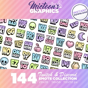 144 x Twitch Emotes / Mega Bundle Collection / Text / Streamer Graphics / Discord / Gamer / Aesthetic / Pack