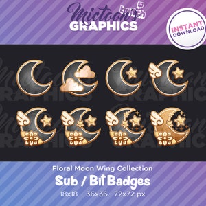 Twitch Moon Sub Badges / Bit Badges / Streamer Graphics / Discord / Gamer / Black / Golden / Wings / Floral / Emblem / Aesthetic