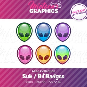 May include: Six alien head Twitch sub badges in different colors: green, blue, purple, pink, orange, and rainbow. The badges are in the shape of an alien head with large eyes and a small mouth. The text below the badges reads "Alien Collection Sub / Bit Badges 18x18 36x36 72x72 px".