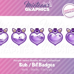 May include: Set of four purple heart-shaped bottle wings sub and bit badges in four sizes: 18x18, 36x36, and 72x72 pixels.