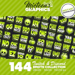 144 x Twitch Emotes / Mega Bundle Collection / Texte / Streamer Graphics / Discord / Gamer / Esthétique / Neon / Pack