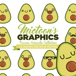 May include: A collection of 16 digital illustrations of cute avocado characters with different expressions. The illustrations are in a cartoon style and are perfect for use in digital projects.