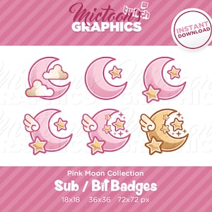 Twitch Moon Sub Badges / Bit Badges / Streamer Graphics / Discord / Gamer / Emblem / Aesthetic / Pink