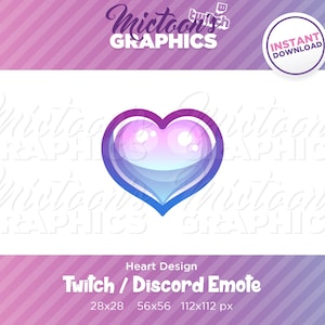 Puede incluir: Un emoji de Twitch o Discord en forma de corazón morado y azul con un degradado rosa y azul en el interior. El emoji está disponible en tres tamaños: 28x28, 56x56 y 112x112 píxeles.