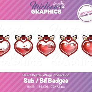 May include: Four red heart-shaped bottles with wings, each with a different size. The bottles are filled with a red liquid. The text "Heart Bottle Wings Collection" and "Sub / Bit Badges" is below the bottles. The sizes are listed as 18x18, 36x36, and 72x72 pixels.