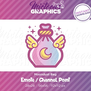 Puede incluir: Una bolsa rosa y azul con una luna creciente y alas. La bolsa tiene un cordón de ajuste dorado y está rodeada de estrellas. El texto "Moondust Bag" está debajo de la bolsa. El texto "Emote / Channel Point" está debajo de la bolsa. El texto "28x28 56x56 112x112 px" está debajo del texto.