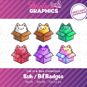 Twitch Cat in a Box Collection / Sub Badges / Bit Badges / Subscriber badge / Streaming Graphics / Kitty / Kawaii