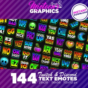 144 x Twitch Emotes / Mega Bundle Collection / Text / Streamer Graphics / Discord / Gamer / Bright / Neon / Aesthetic / Pack