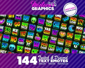 144 x Twitch Emotes / Mega Bundle Collection / Text / Streamer Graphics / Discord / Gamer / Bright / Neon / Aesthetic / Pack