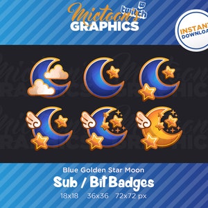 Twitch Moon Emblem Collection Sub Badges / Bit Badges / Streamer Graphics / Discord / Gamer / Blue / Golden