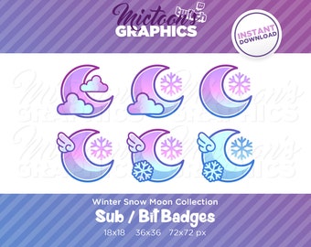 May include: Six digital badges featuring a crescent moon with a snowflake and clouds in various color combinations. The badges are available in three sizes: 18x18 pixels, 36x36 pixels, and 72x72 pixels. The text "Winter Snow Moon Collection" and "Sub / Bit Badges" is displayed below the badges.