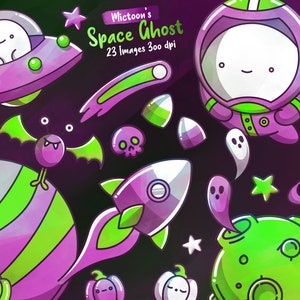 May include: A set of 23 digital illustrations featuring a space ghost theme. The illustrations include a ghost astronaut, a ghost in a spaceship, a ghost bat, a ghost planet, and other space-themed elements. The illustrations are in a cartoon style and are perfect for use in digital projects.