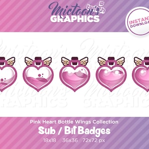 May include: Set of four pink heart-shaped bottle Twitch sub badges with angel wings. The badges are available in three sizes: 18x18, 36x36, and 72x72 pixels.