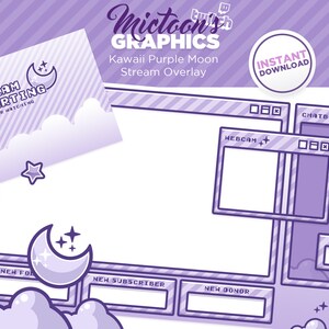 Puede incluir: Superposición de transmisión de Twitch kawaii púrpura y blanca con un diseño de luna y estrellas. La superposición incluye secciones para una cámara web, un cuadro de chat, nuevos seguidores, nuevos suscriptores y nuevos donantes.