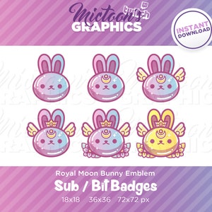 Könnte beinhalten: Sechs digitale Abzeichen mit einem Cartoon-Kaninchen mit einer Mondsichel, Sternen und Flügeln. Das Kaninchen ist in verschiedenen Farbvarianten: lila, blau und gelb. Die Abzeichen sind mit "Royal Moon Bunny Emblem" und "Sub / Bit Badges" beschriftet und haben die Größen 18x18, 36x36 und 72x72 Pixel.