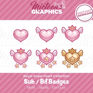 Twitch Royal Heart Wings Sub Badges / Bit Badges / Streamer Graphics / Discord / Gamer / Kawaii / Aesthetic / Pink