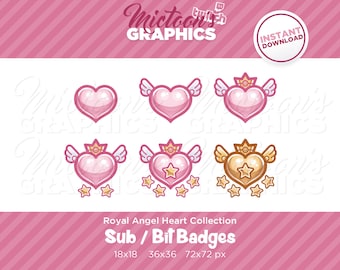 Twitch Royal Heart Wings Sub Badges / Bit Badges / Streamer Graphics / Discord / Gamer / Kawaii / Aesthetic / Pink