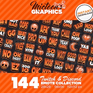 144 x Twitch Emotes / Mega Bundle Collection / Text / Streamer Graphics / Discord / Gamer / Aesthetic / Orange / Pack