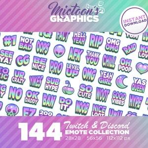 144 x Twitch Emotes / Mega Bundle Collection / Text / Streamer Graphics / Discord / Gamer / Aesthetic / Iridescent / Pack