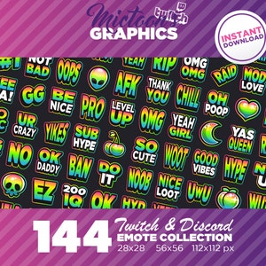 144 x Twitch Emotes / Mega Collection / arc-en-ciel / Streamer Graphics / Texte / Discord / Gamer / Pack