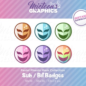 Peut inclure: Six badges de masque de dessin animé colorés avec un design scintillant. Les badges sont de différentes couleurs : orange, bleu, vert, rose, violet et jaune. Le texte sous les badges indique « Pastel Phanto Mask Collection Sub / Bit Badges 18x18 36x36 72x72 px ».