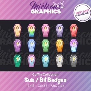 May include: A set of 18 colorful coffin-shaped badges in various sizes, including 18x18, 36x36, and 72x72 pixels. The badges feature a simple cross design and are perfect for adding a spooky touch to your online presence.