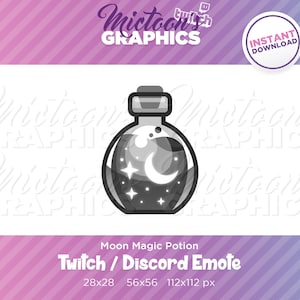 Puede incluir: Una ilustración en blanco y negro de una botella de poción con una luna creciente y estrellas en su interior. El texto "Moon Magic Potion" y "Twitch/Discord Emote" está debajo de la imagen. La imagen está disponible en tres tamaños: 28x28, 56x56 y 112x112 píxeles.