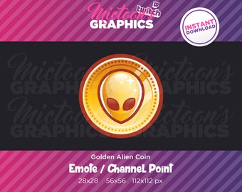 Puede incluir: Una moneda de oro con una cara de extraterrestre roja en su interior. La moneda tiene un borde rojo y un fondo dorado. El texto "Golden Alien Coin" está debajo de la moneda. El texto "Emote / Channel Point" está debajo del texto "Golden Alien Coin". El texto "28x28 56x56 112x112 px" está debajo del texto "Emote / Channel Point".