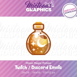 May include: A cartoon illustration of a potion bottle with a crescent moon and stars inside. The bottle is brown with a gold cap. Text on the image reads "Moon Magic Potion Twitch / Discord Emote" and "Instant Download".