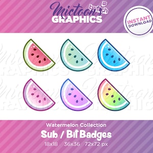 Pode incluir: Conjunto de seis emblemas de fatia de melancia em diferentes cores, incluindo vermelho, verde, azul, rosa, roxo e amarelo. Os emblemas são projetados para assinantes do Twitch e emblemas de bits. Os emblemas estão disponíveis em três tamanhos: 18x18 pixels, 36x36 pixels e 72x72 pixels.