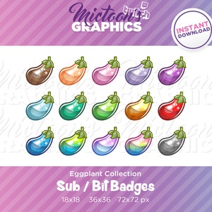 Twitch Eggplant Collection / Sub Badges / Cheer Bit Badges / Streamer Graphics / Kawaii / Pastel / Discord / Gamer
