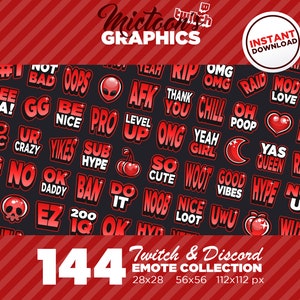 144 x Twitch Emotes / Mega Bundle Collection / Texto / Streamer Graphics / Discord / Gamer / Estética / Rojo / Pack