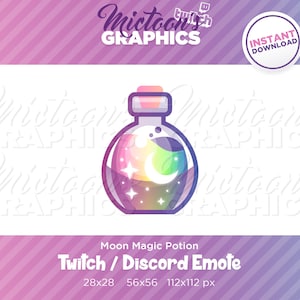 May include: A colorful potion bottle with a crescent moon, stars, and rainbow inside. The bottle is a Twitch/Discord emote with sizes 28x28, 56x56, and 112x112 pixels.