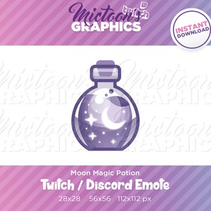 May include: A purple potion bottle with a crescent moon and stars design, labeled "Moon Magic Potion." The image includes the text "Twitch / Discord Emote" and "Instant Download."