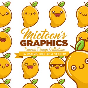 May include: A collection of 16 kawaii mango illustrations with different expressions. The mangoes are yellow with green leaves and have various facial expressions, including smiling, winking, and wearing sunglasses. The text "Mictoon's Graphics" and "Kawaii Mango Collection" is displayed in brown text. The text "16 IMAGES 300 DPI & VECTOR" is displayed in white text on a blue ribbon.