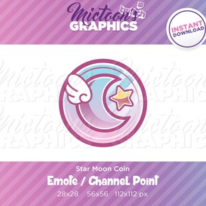 Puede incluir: Una insignia circular rosa y azul con una luna creciente, una estrella y un ala. El texto "Star Moon Coin" y "Emote / Channel Point" se encuentra debajo de la insignia. La insignia está disponible en tres tamaños: 28x28, 56x56 y 112x112 píxeles.