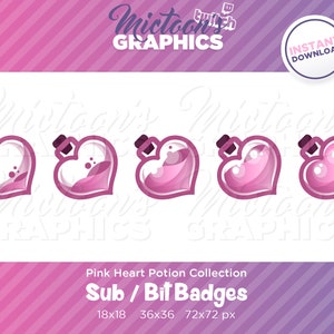 Twitch Heart Bottle Sub Badges / Bit Badge / Streamer Graphics / Discord / Gamer / Life Potion / Magic / Elixir / Pink