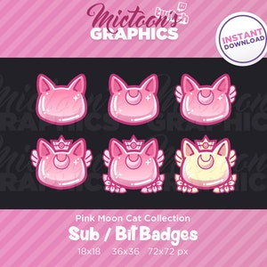 Twitch Kitty Cat Moon Emblem Collection Sub Badges / Bit Badges / Streamer Graphics / Discord / Gamer / Kawaii / Crescent