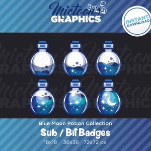 May include: Set of six blue potion bottle Twitch sub badges with different moon and star designs. The badges are available in three sizes: 18x18, 36x36, and 72x72 pixels.