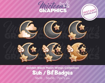 Twitch Moon Sub Badges / Bit Badges / Streamer Graphics / Discord / Gamer / Black / Golden / Wings / Emblem / Aesthetic