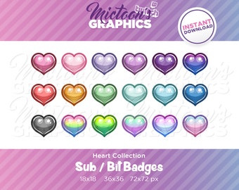 Twitch Heart Sub Badges / Cheer Bit Badges / Streamer Graphics / Discord / Gamer / Collection / Pack / Set