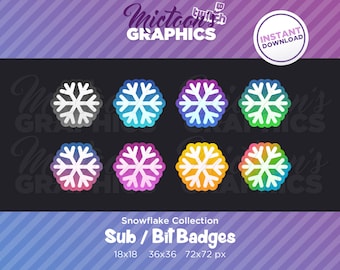 May include: A set of eight snowflake sub or bit badges in various colors, including blue, green, pink, and yellow. The badges are designed for Twitch streamers and feature a snowflake design with a white outline. The badges are available in three sizes: 18x18 pixels, 36x36 pixels, and 72x72 pixels.