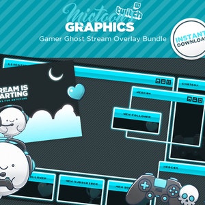 Könnte beinhalten: Ein blaues und schwarzes Twitch-Stream-Overlay-Paket mit einem Cartoon-Geistercharakter. Das Overlay enthält einen Stream-Startbildschirm, eine neue Follower-Benachrichtigung, eine neue Abonnenten-Benachrichtigung, eine Chatbox, einen Webcam-Rahmen und eine neue Spendenbenachrichtigung.