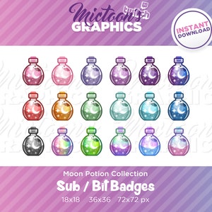 May include: A collection of colorful potion bottle graphics with a moon and stars design. The bottles are in various colors, including pink, purple, green, and blue. The image includes the text "Moon Potion Collection" and "Sub / Bit Badges".