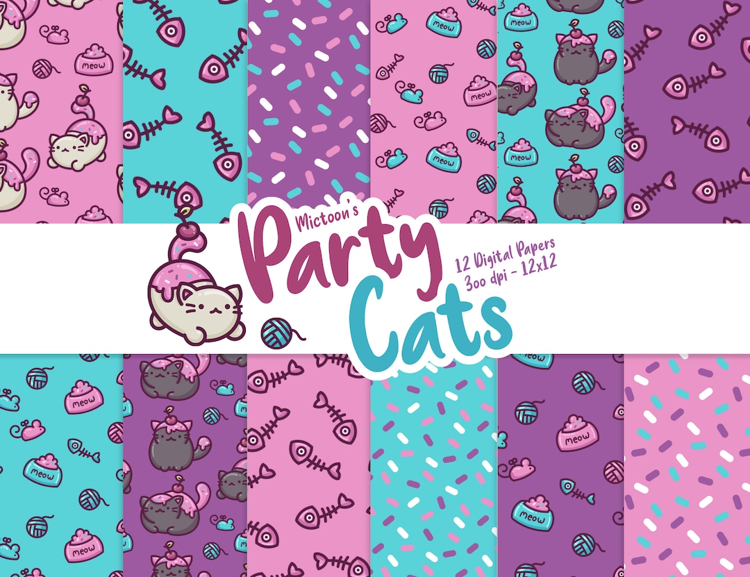 Party Birthday Cat - Digital Papers - Seamless Patterns - Instant ...
