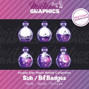 Pode incluir: Conjunto de seis emblemas de Twitch de subscrição e bits em forma de frasco de poção roxo. Os frascos têm um design de estrela e lua. Os emblemas estão disponíveis em três tamanhos: 18x18, 36x36 e 72x72 pixels.